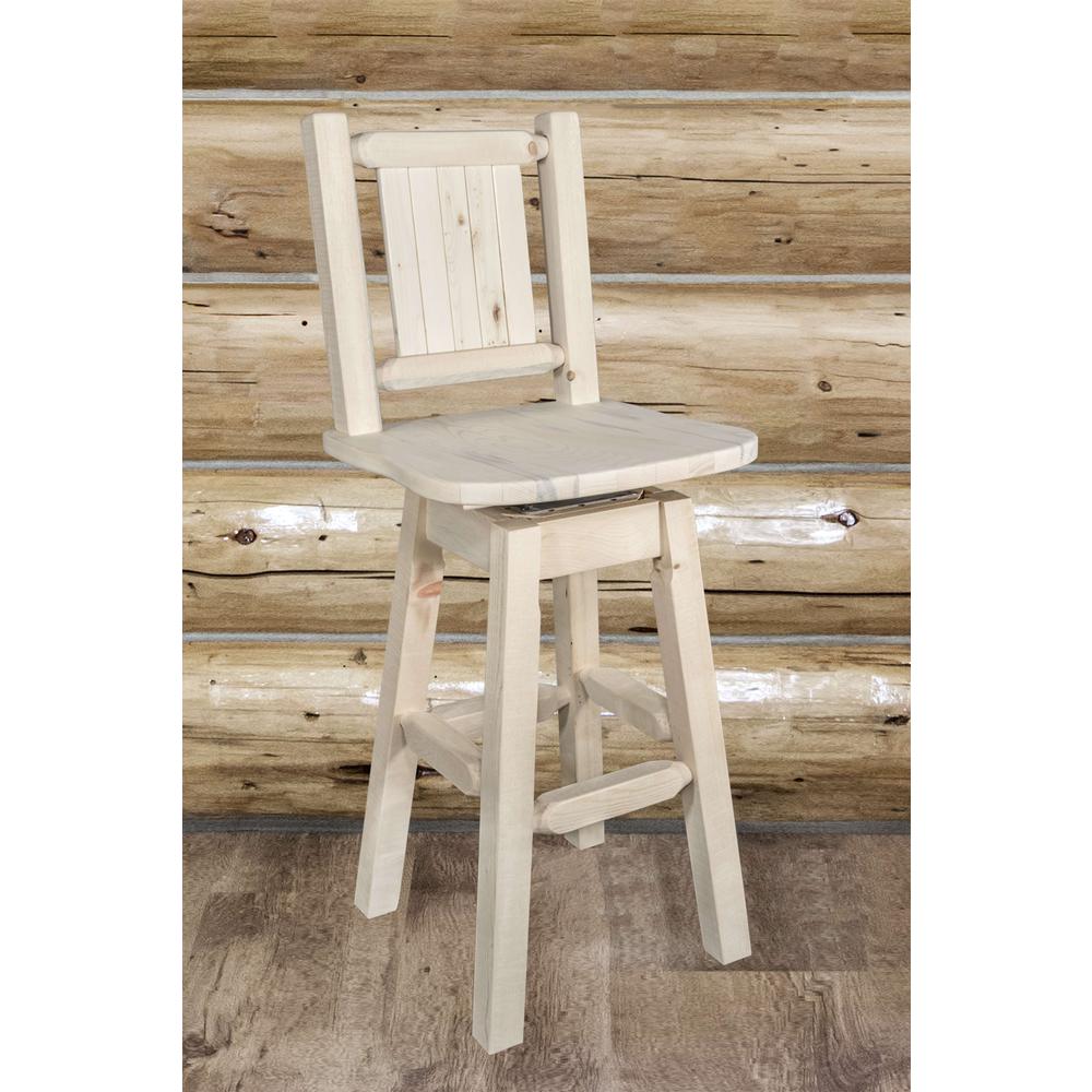 Homestead Collection Counter Height Barstool w/ Back & Swivel w/ Laser Engraved Bronc Design, Clear Lacquer Finish. Picture 8