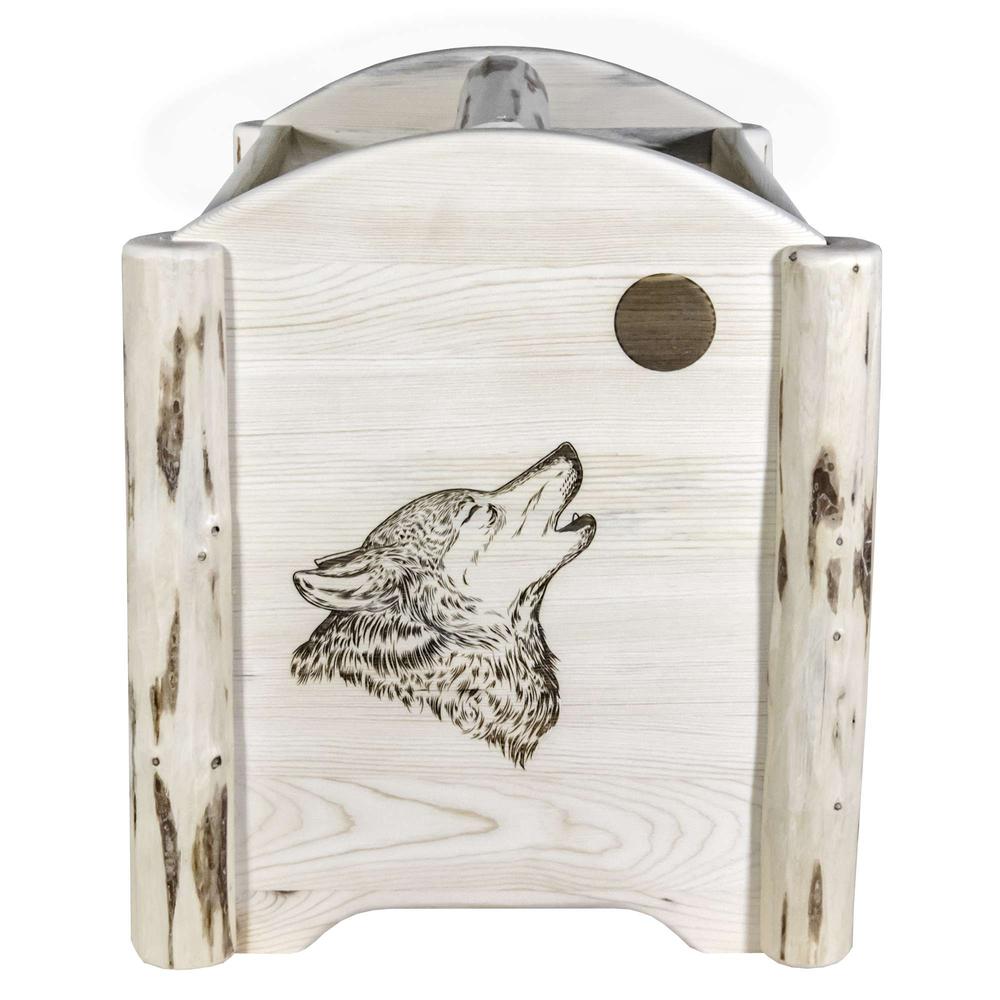 Montana Collection Magazine Rack w/ Laser Engraved Wolf Design, Clear Lacquer Finish. Picture 2