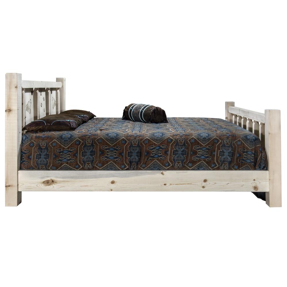 Homestead Collection Queen Bed w/ Laser Engraved Wolf Design, Clear Lacquer Finish. Picture 4