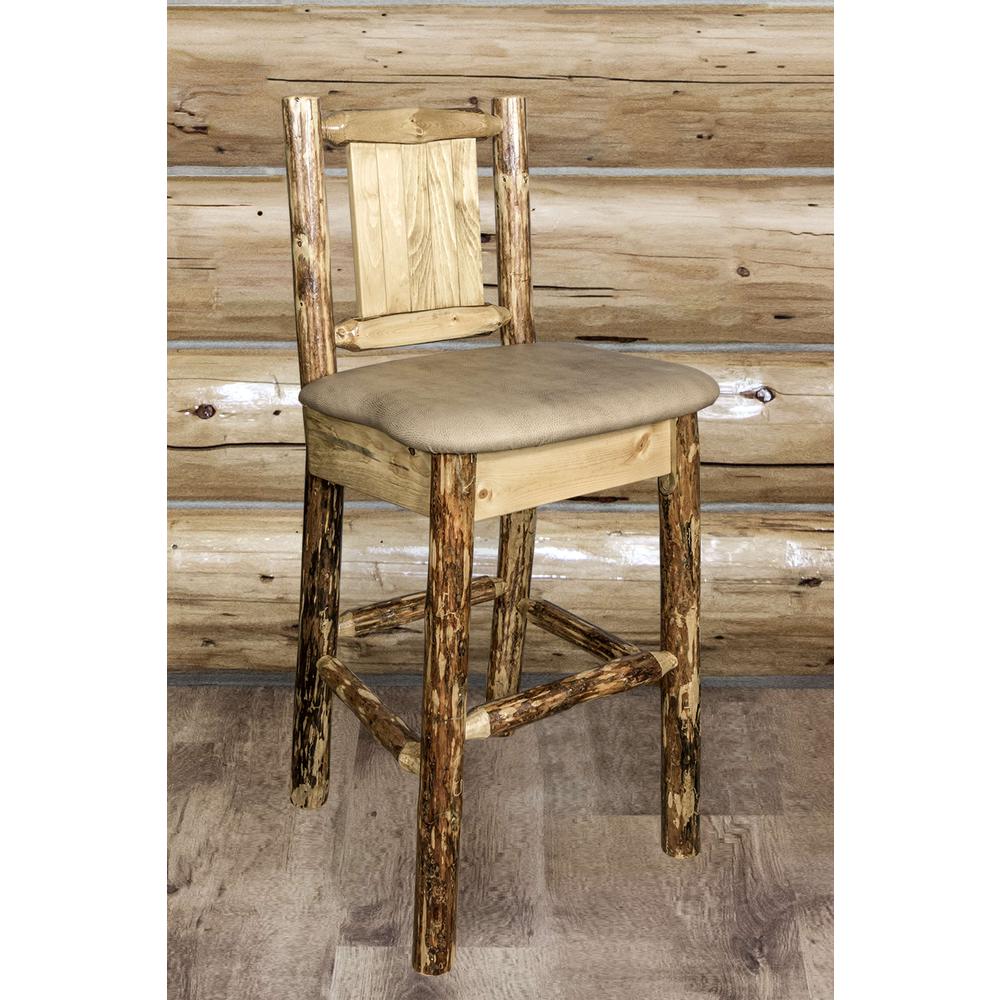 Glacier Country Collection Counter Height Barstool w/ Back - Buckskin Upholstery, w/ Laser Engraved Wolf Design. Picture 8
