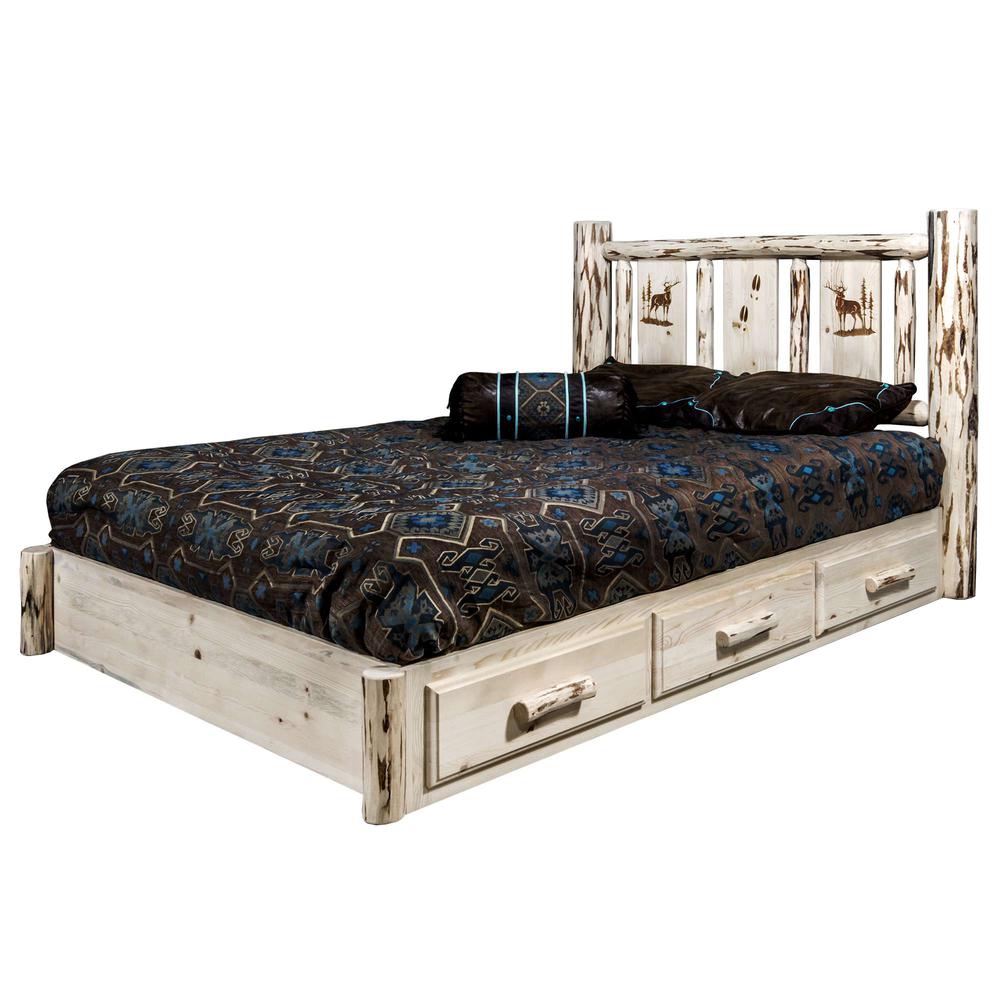 Montana Collection Platform Bed w/ Storage, Queen w/ Laser Engraved Elk Design, Clear Lacquer Finish. Picture 3