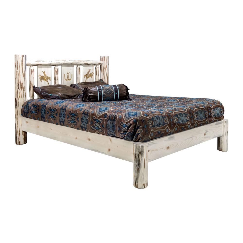 Montana Collection California King Platform Bed w/ Laser Engraved Bronc Design, Clear Lacquer Finish. Picture 1
