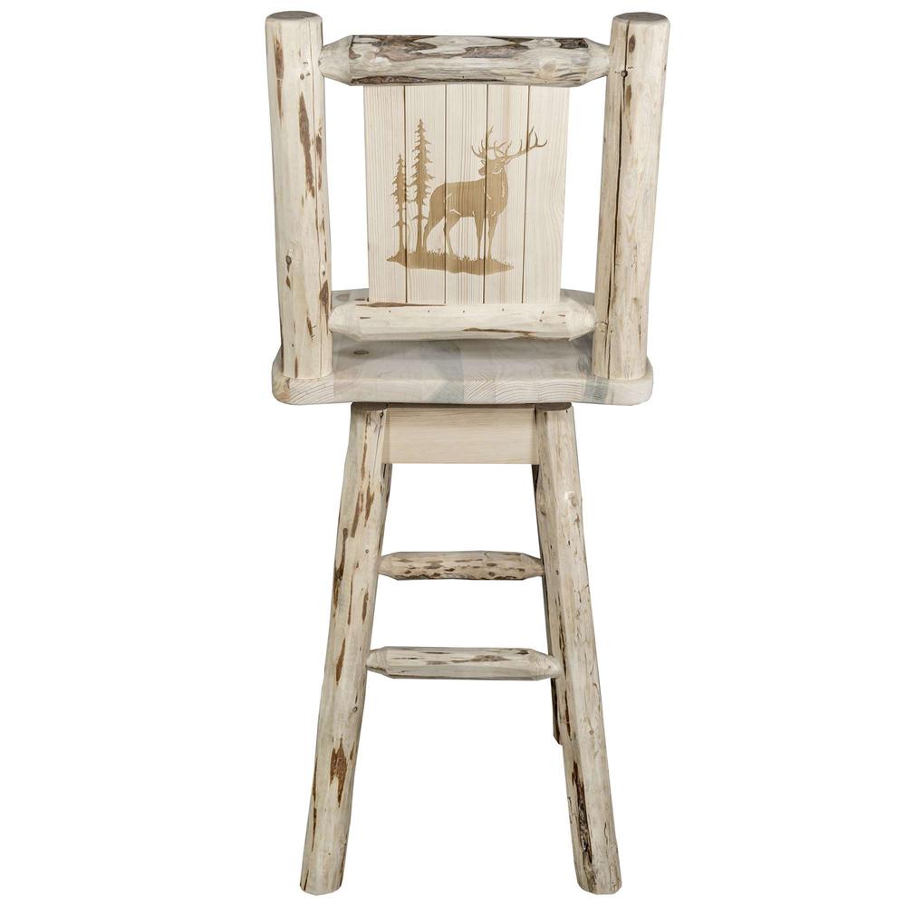 Montana Collection Counter Height Barstool w/ Back & Swivel w/ Laser Engraved Elk Design, Clear Lacquer Finish. Picture 2