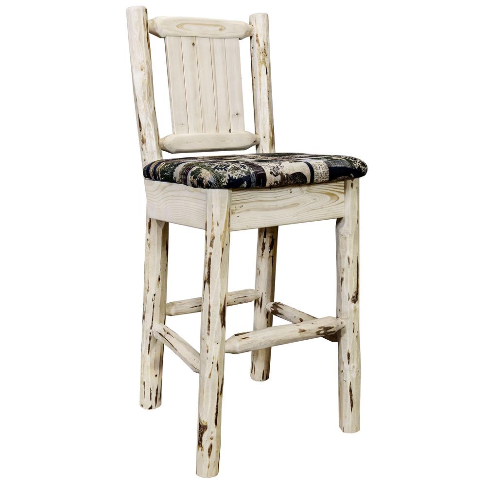 Montana Collection Barstool w/ Back - Woodland Upholstery, w/ Laser Engraved Bear Design, Clear Lacquer Finish. Picture 3