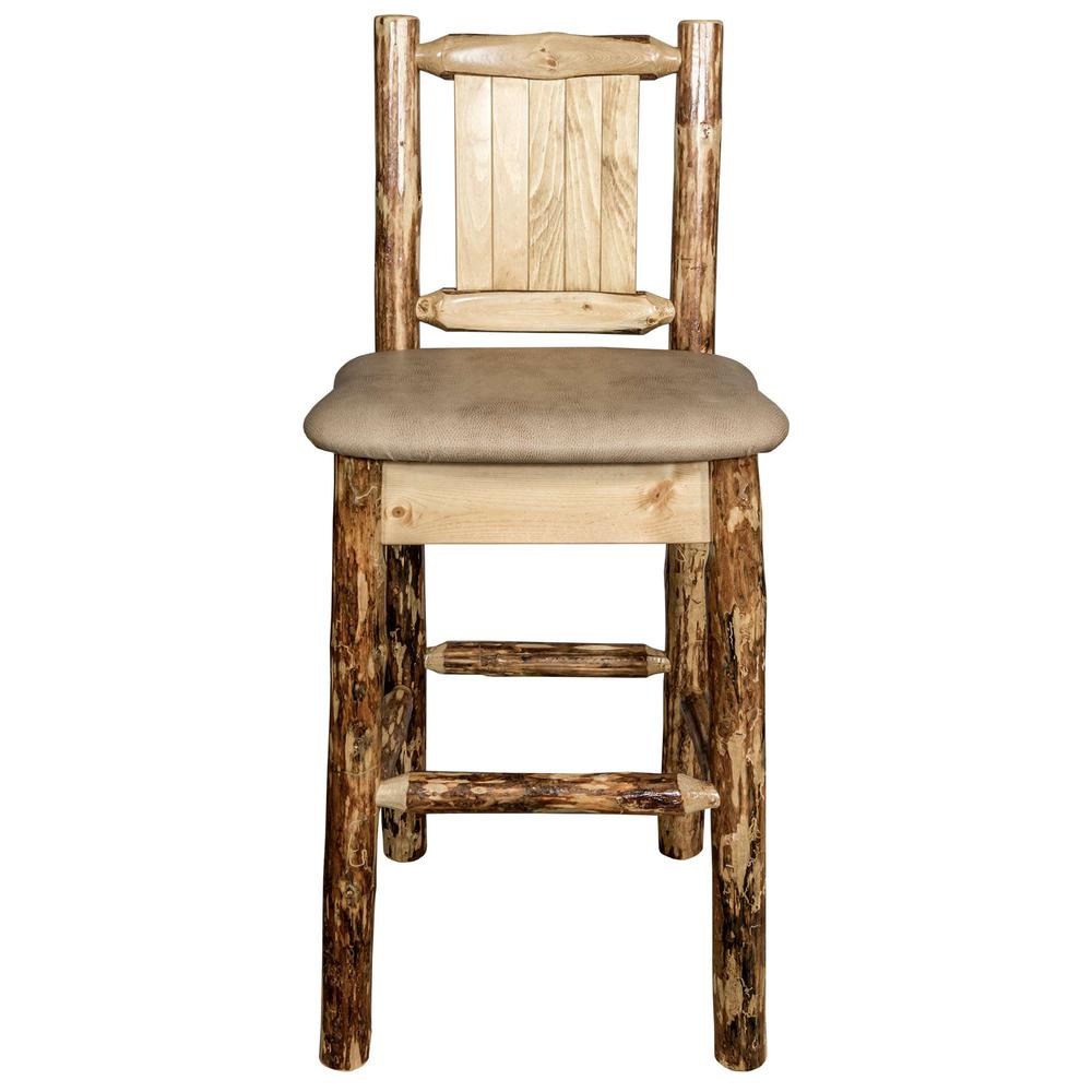 Glacier Country Collection Counter Height Barstool w/ Back - Buckskin Upholstery, w/ Laser Engraved Wolf Design. Picture 4