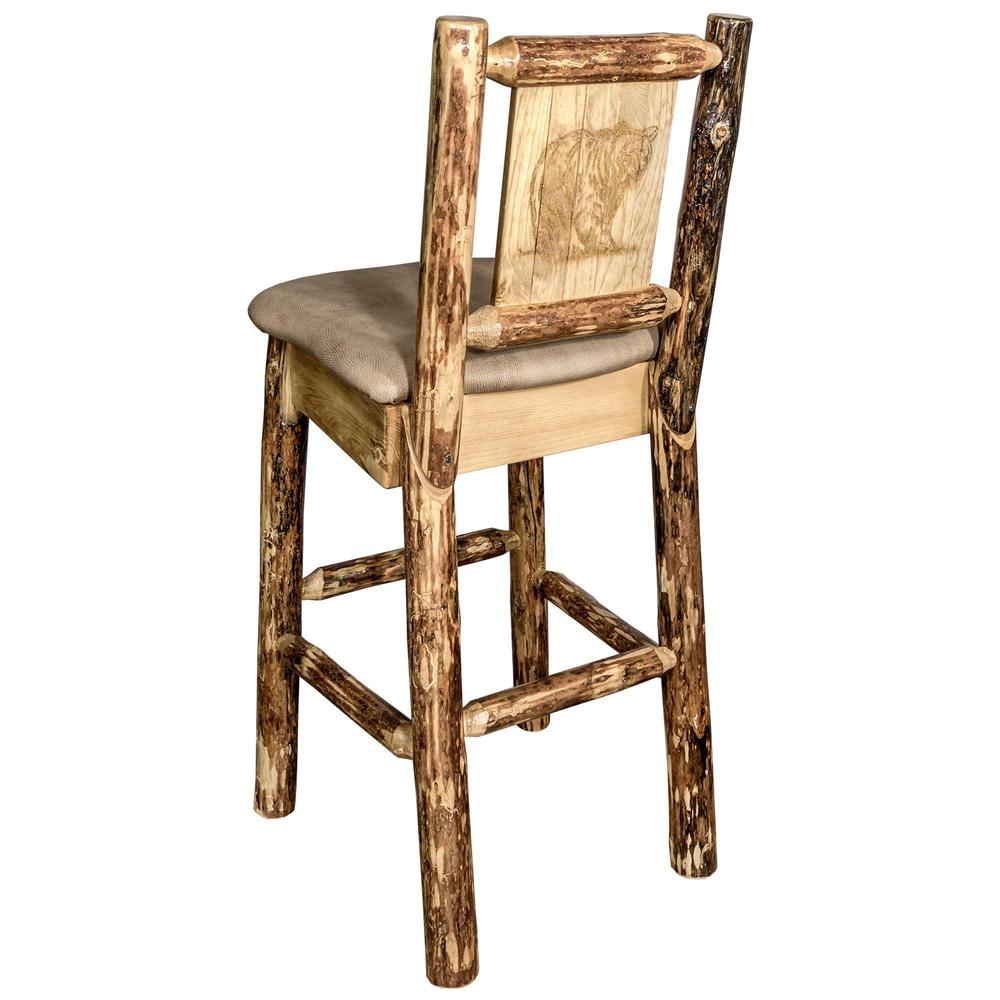 Glacier Country Collection Counter Height Barstool w/ Back - Buckskin Upholstery, w/ Laser Engraved Bear Design. Picture 1