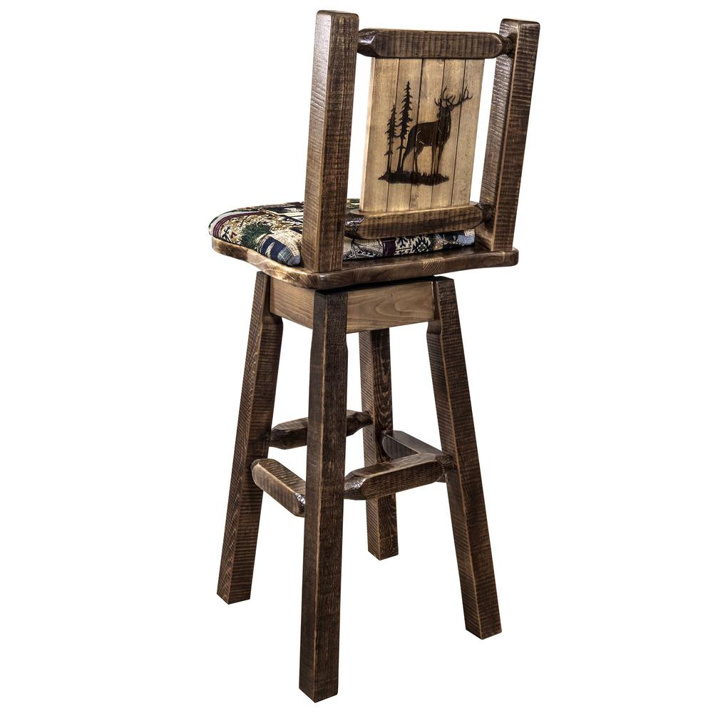 Homestead Collection Counter Height Barstool w/ Back & Swivel, Woodland Upholstery w/ Laser Engraved Elk Design. Picture 1
