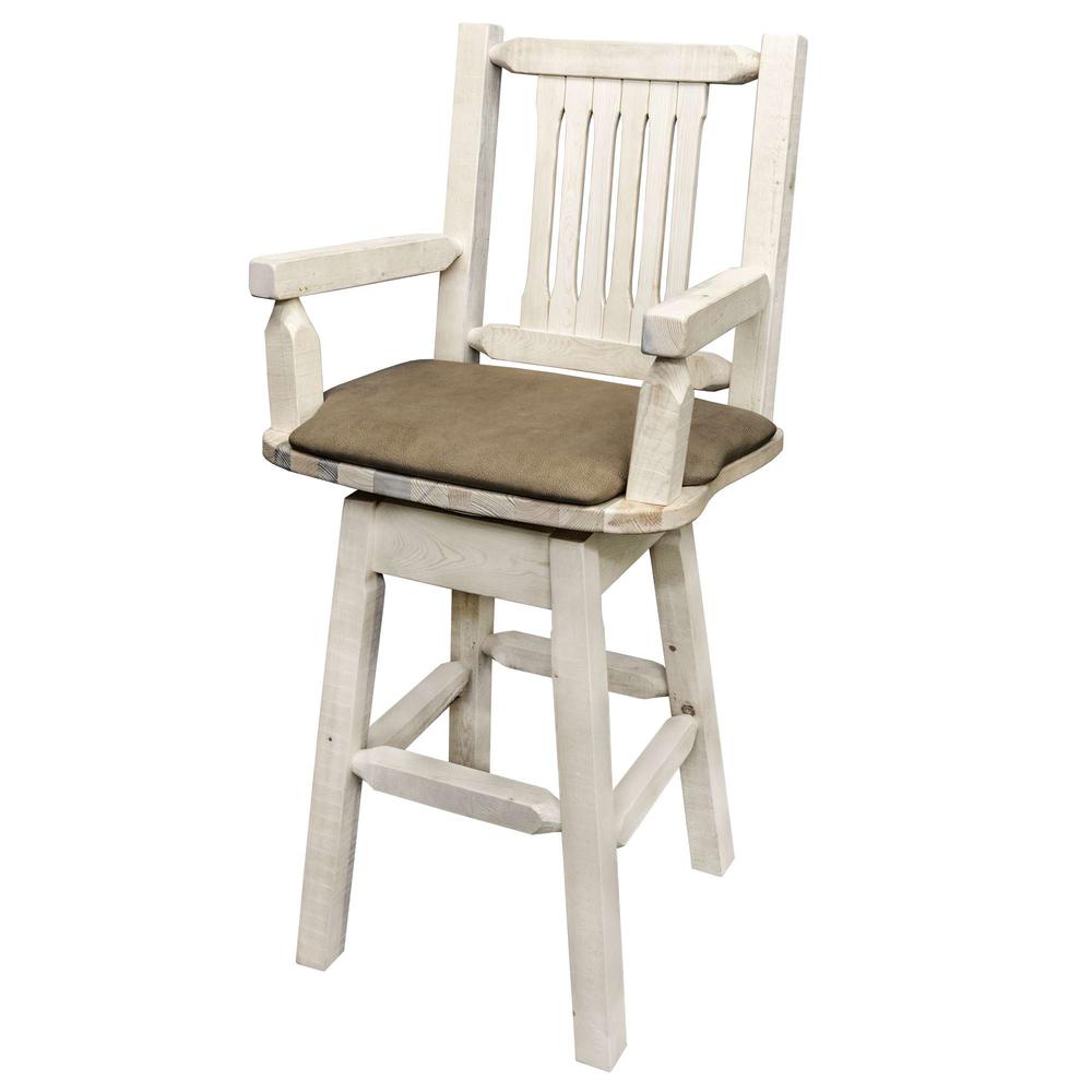 Homestead Collection Captain's Barstool w/ Back & Swivel, Clear Lacquer Finish w/ Upholstered Seat, Buckskin Pattern. Picture 3