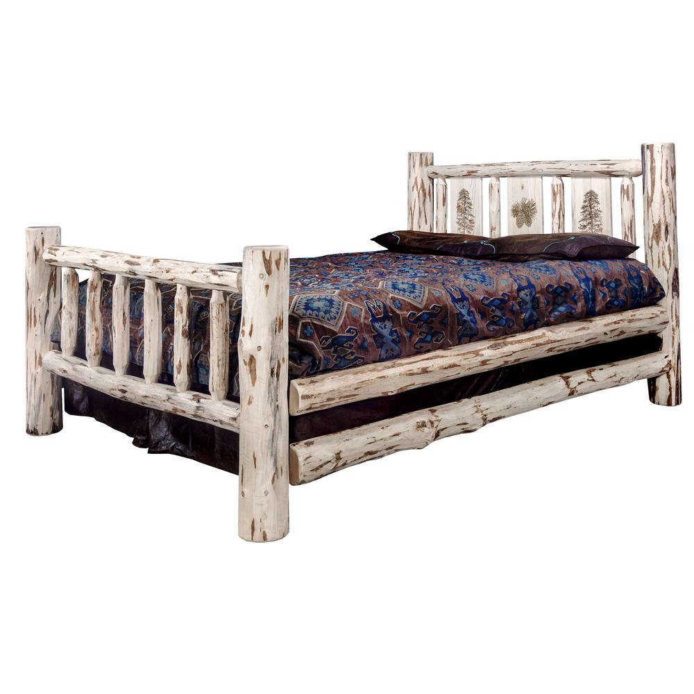 Montana Collection Queen Bed w/ Laser Engraved Pine Tree Design, Clear Lacquer Finish. Picture 3