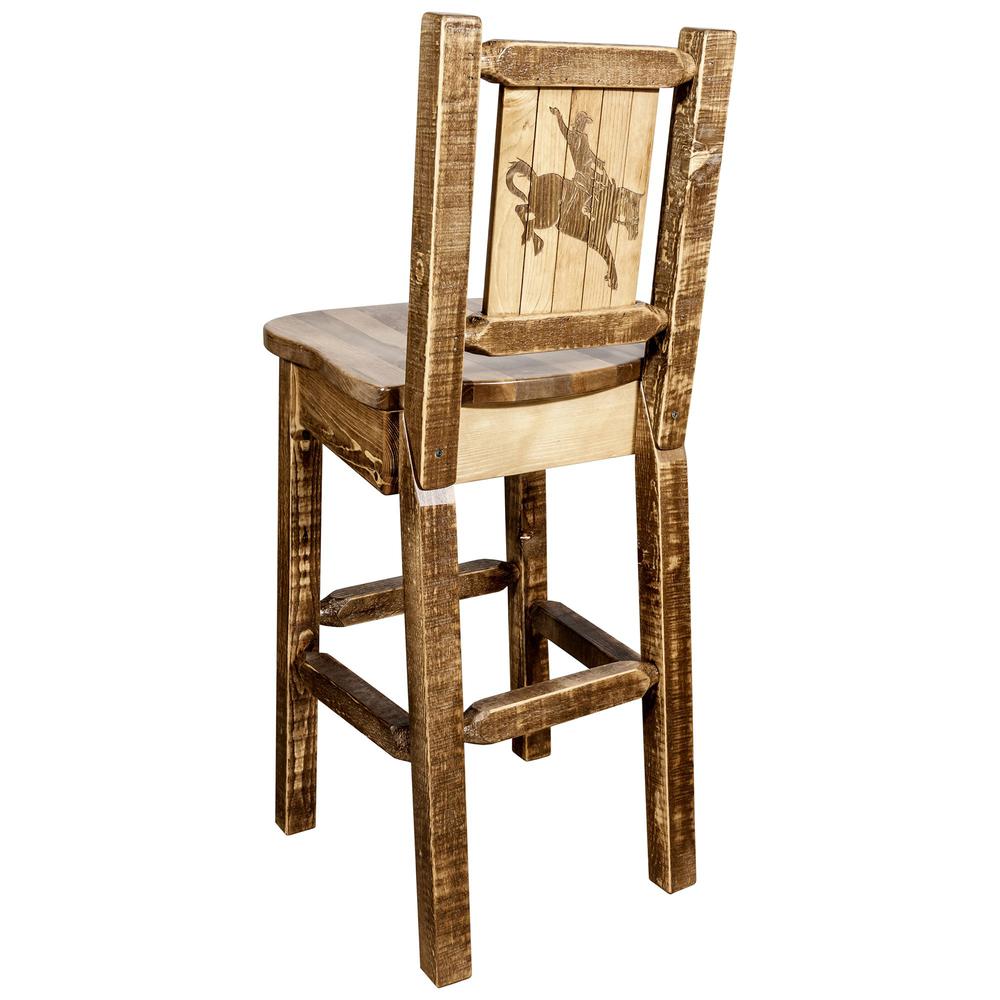 Homestead Collection Counter Height Barstool w/ Back, w/ Laser Engraved Bronc Design, Stain & Lacquer Finish. Picture 1