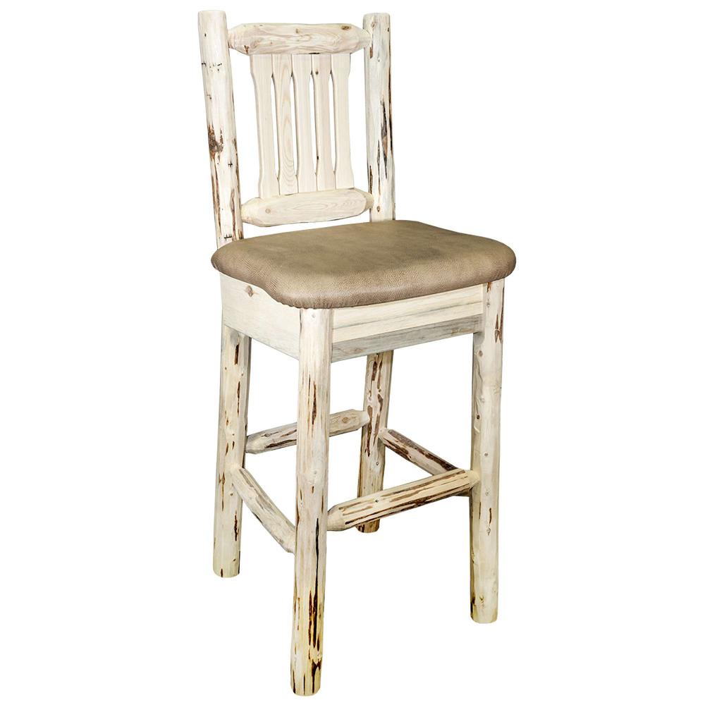 Montana Collection Barstool w/ Back, Clear Lacquer Finish w/ Upholstered Seat, Buckskin Pattern. Picture 1
