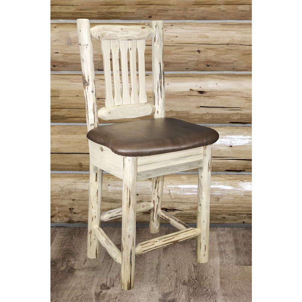 Montana Collection Counter Height Barstool w/ Back - Saddle Upholstery, Clear Lacquer Finish. Picture 3
