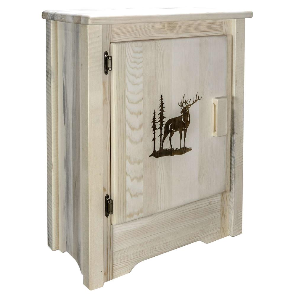 Homestead Collection Accent Cabinet w/ Laser Engraved Elk Design, Left Hinged, Clear Lacquer Finish. Picture 1