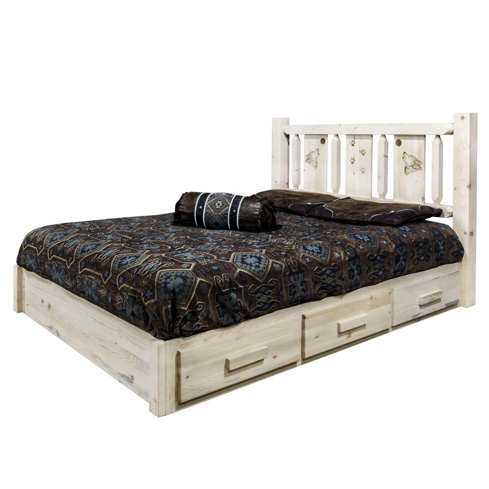 Homestead Collection Platform Bed w/ Storage, California King w/ Laser Engraved Wolf Design, Clear Lacquer Finish. Picture 3