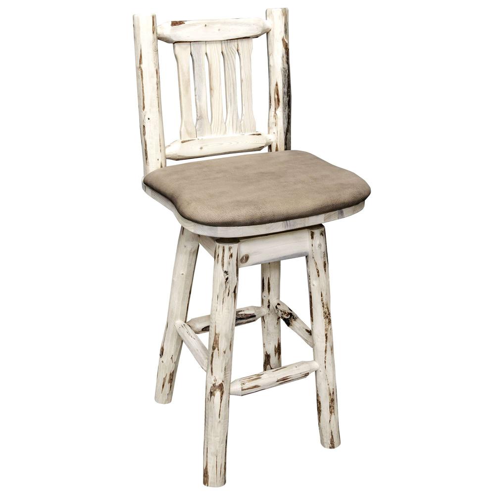 Montana Collection Barstool w/ Back & Swivel, Clear Lacquer Finish w/ Upholstered Seat, Buckskin Pattern. Picture 1