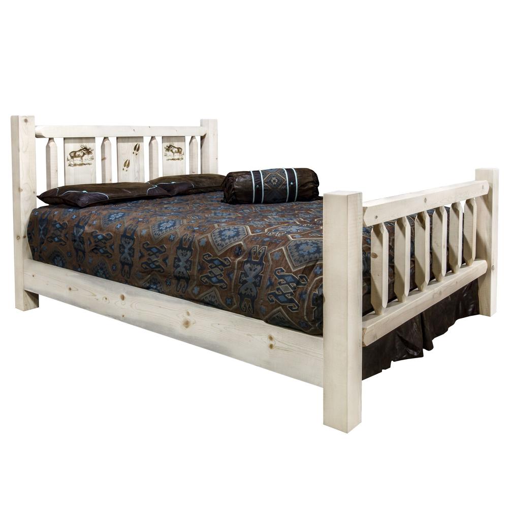Homestead Collection King Bed w/ Laser Engraved Moose Design, Clear Lacquer Finish. Picture 1