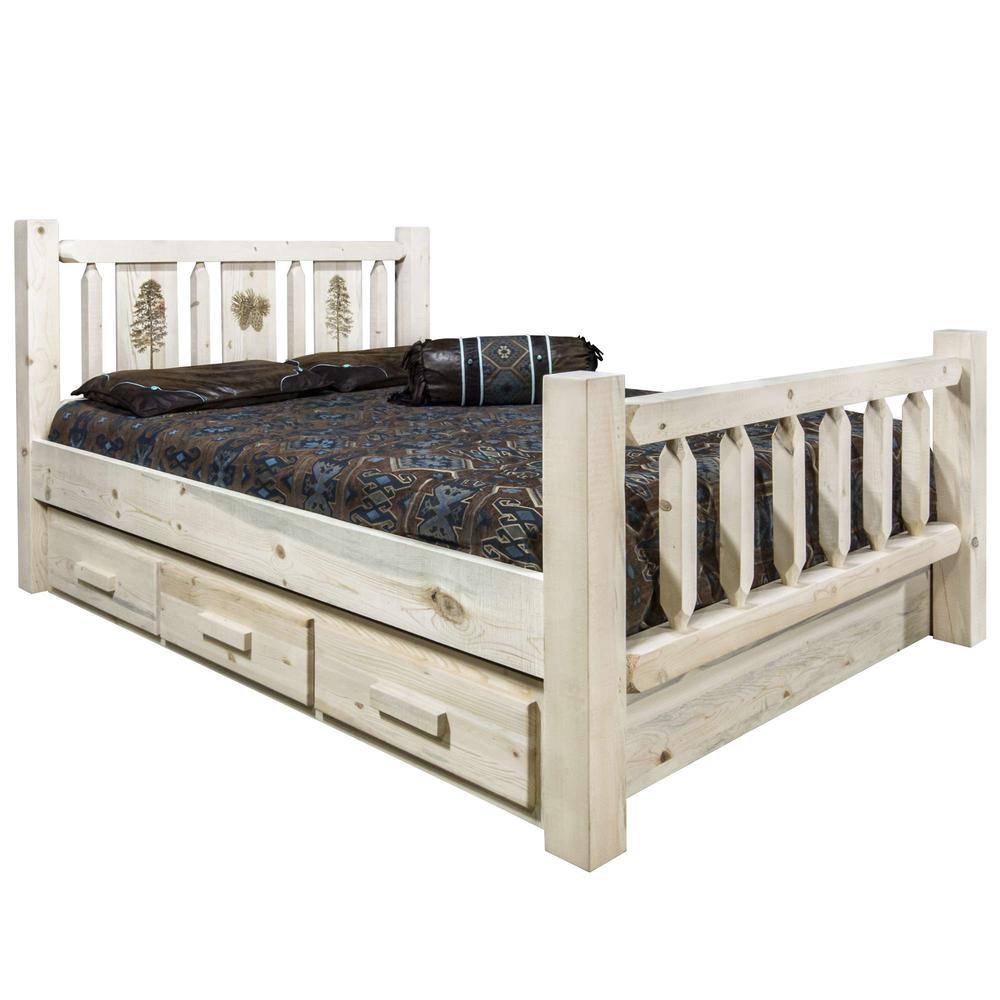 Homestead Collection King Storage Bed w/ Laser Engraved Pine Design, Clear Lacquer Finish. Picture 1