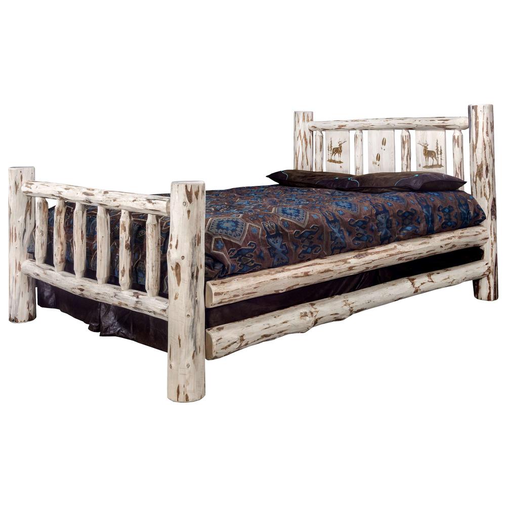 Montana Collection Queen Bed w/ Laser Engraved Elk Design, Clear Lacquer Finish. Picture 3