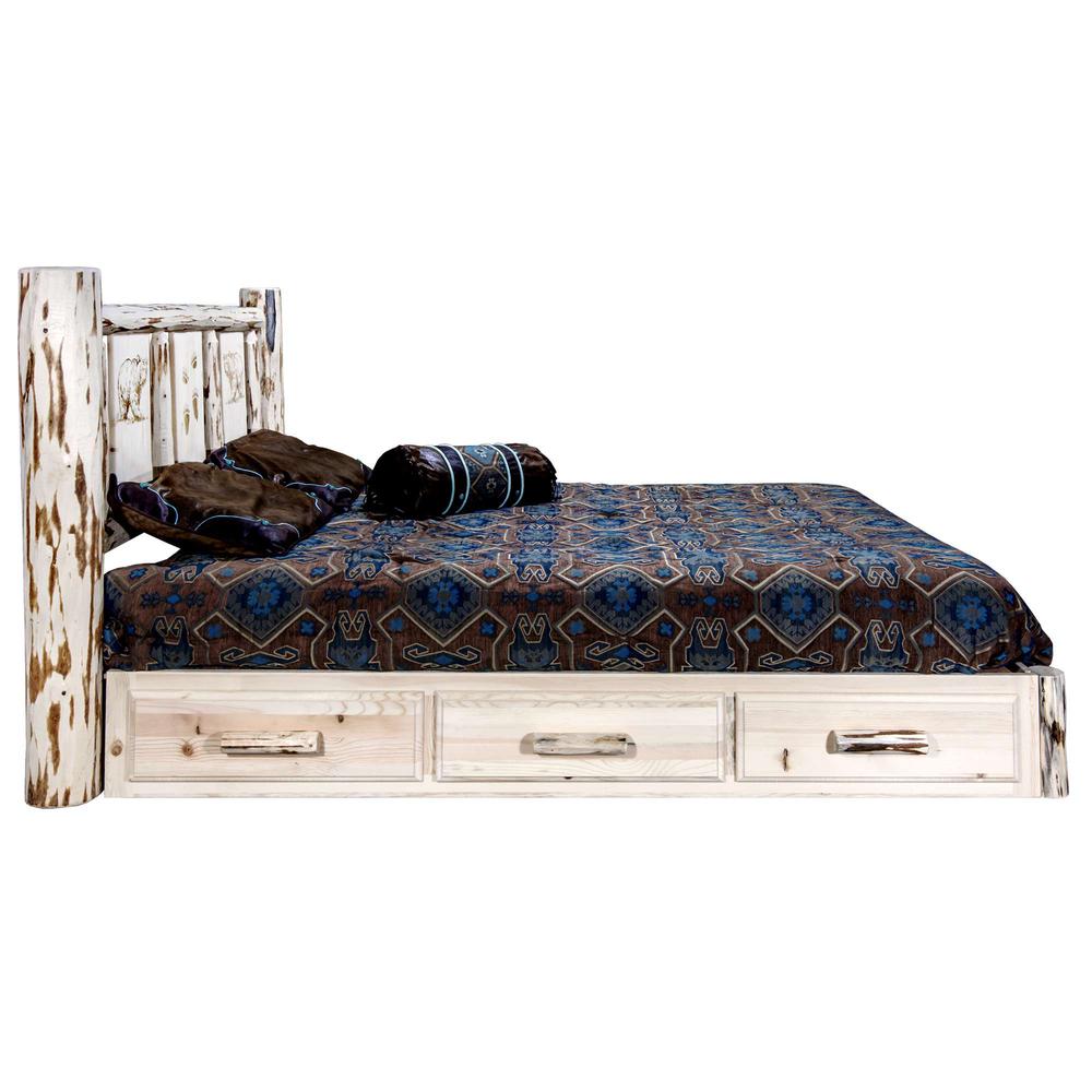 Montana Collection Platform Bed w/ Storage, Full w/ Laser Engraved Bear Design, Clear Lacquer Finish. Picture 4