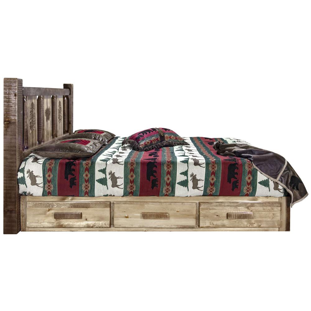 Homestead Collection Platform Bed w/ Storage, Full w/ Laser Engraved Pine Design, Stain & Clear Lacquer Finish. Picture 4