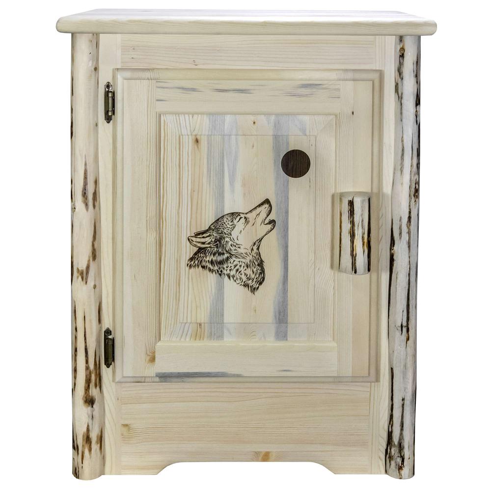 Montana Collection Accent Cabinet w/ Laser Engraved Wolf Design, Left Hinged, Clear Lacquer Finish. Picture 2