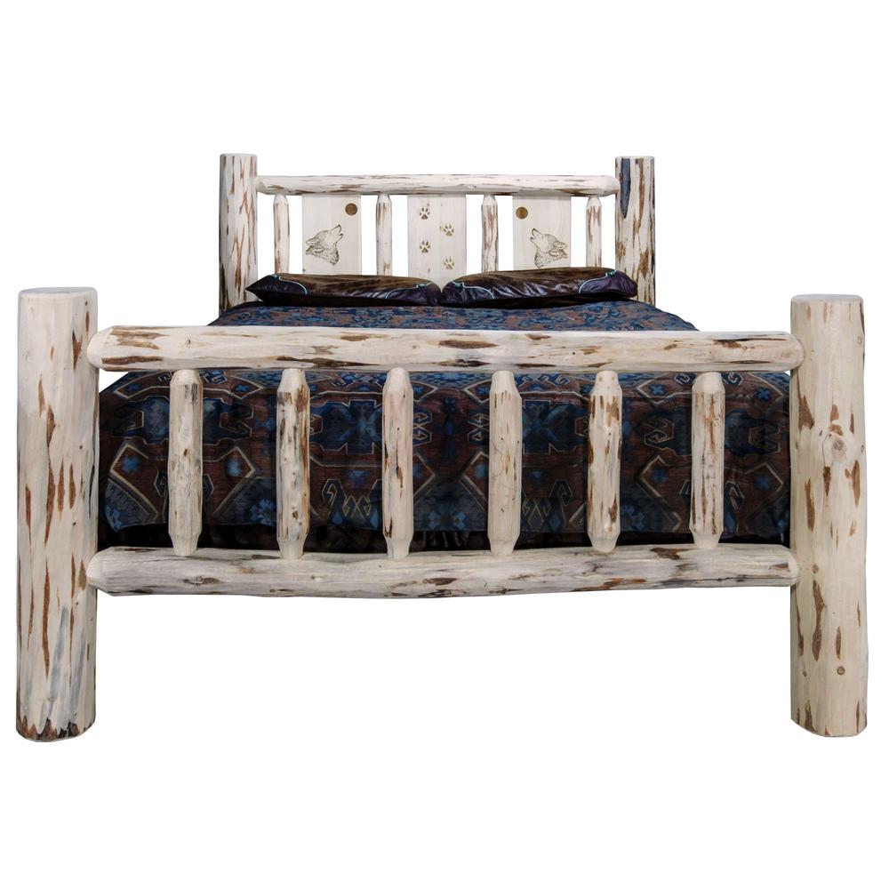Montana Collection King Bed w/ Laser Engraved Wolf Design, Clear Lacquer Finish. Picture 2