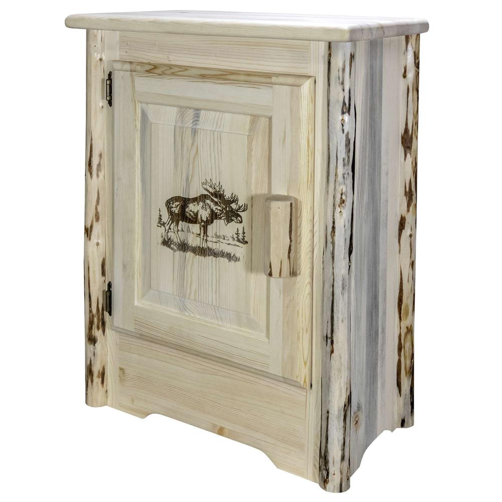 Montana Collection Accent Cabinet w/ Laser Engraved Moose Design, Left Hinged, Clear Lacquer Finish. Picture 3