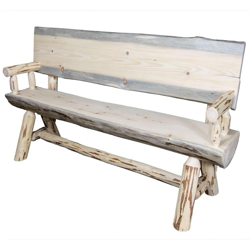 Montana Collection Half Log Bench w/ Back & Arms, Clear Lacquer Finish, 4 Foot. Picture 5