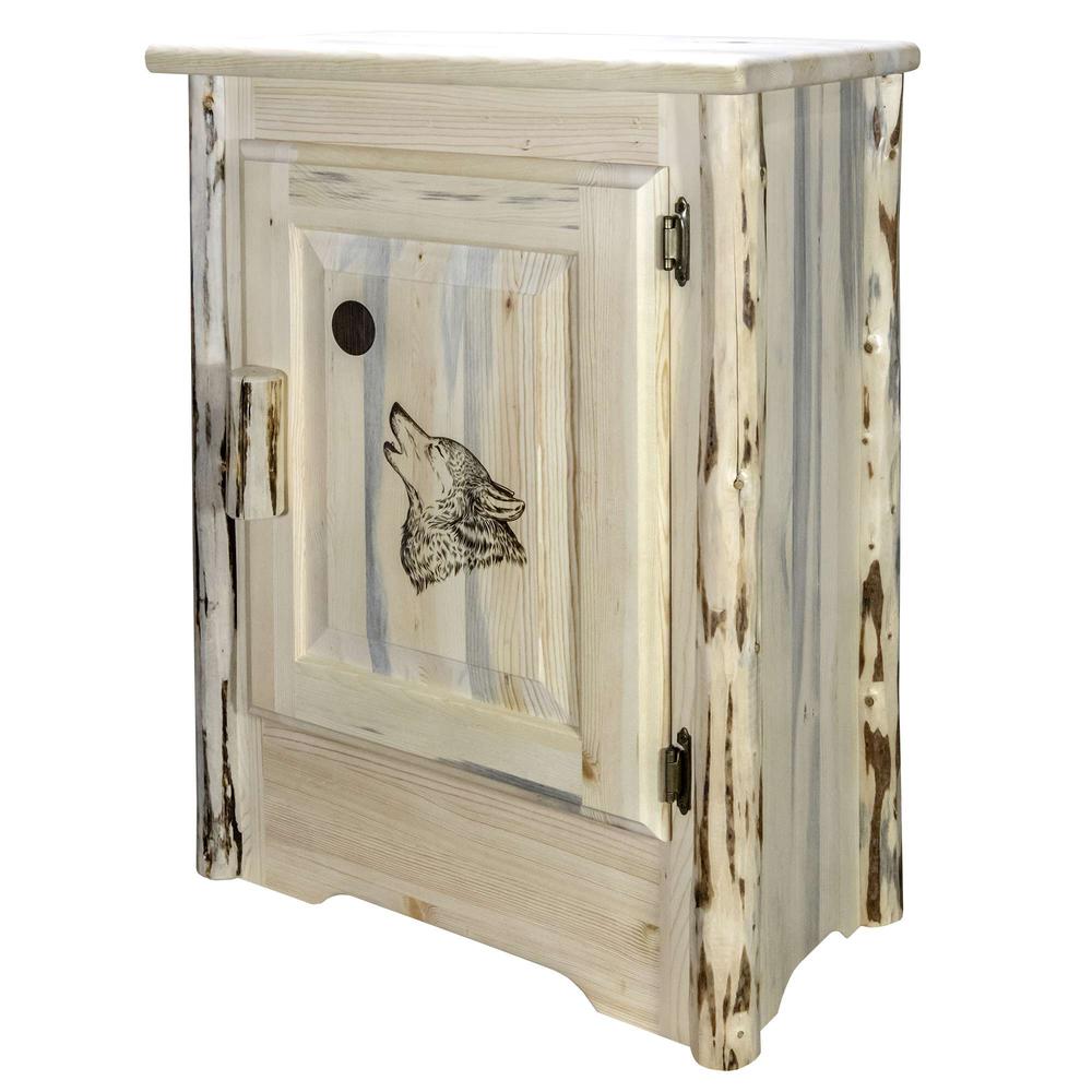 Montana Collection Accent Cabinet w/ Laser Engraved Wolf Design, Right Hinged, Clear Lacquer Finish. Picture 1