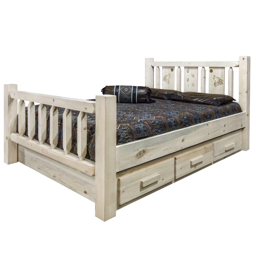 Homestead Collection Queen Storage Bed w/ Laser Engraved Wolf Design, Clear Lacquer Finish. Picture 3