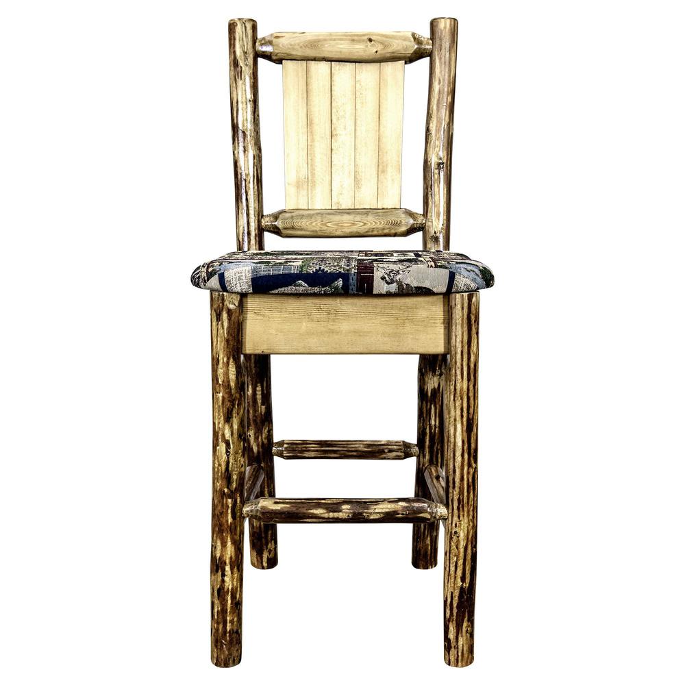 Glacier Country Collection Counter Height Barstool w/ Back - Woodland Upholstery, w/ Laser Engraved Elk Design. Picture 4