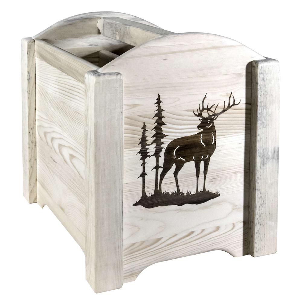 Homestead Collection Magazine Rack w/ Laser Engraved Elk Design, Clear Lacquer Finish. Picture 1