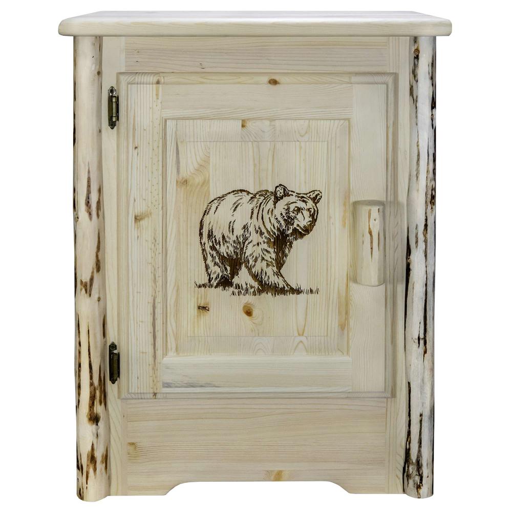 Montana Collection Accent Cabinet w/ Laser Engraved Bear Design, Left Hinged, Clear Lacquer Finish. Picture 2