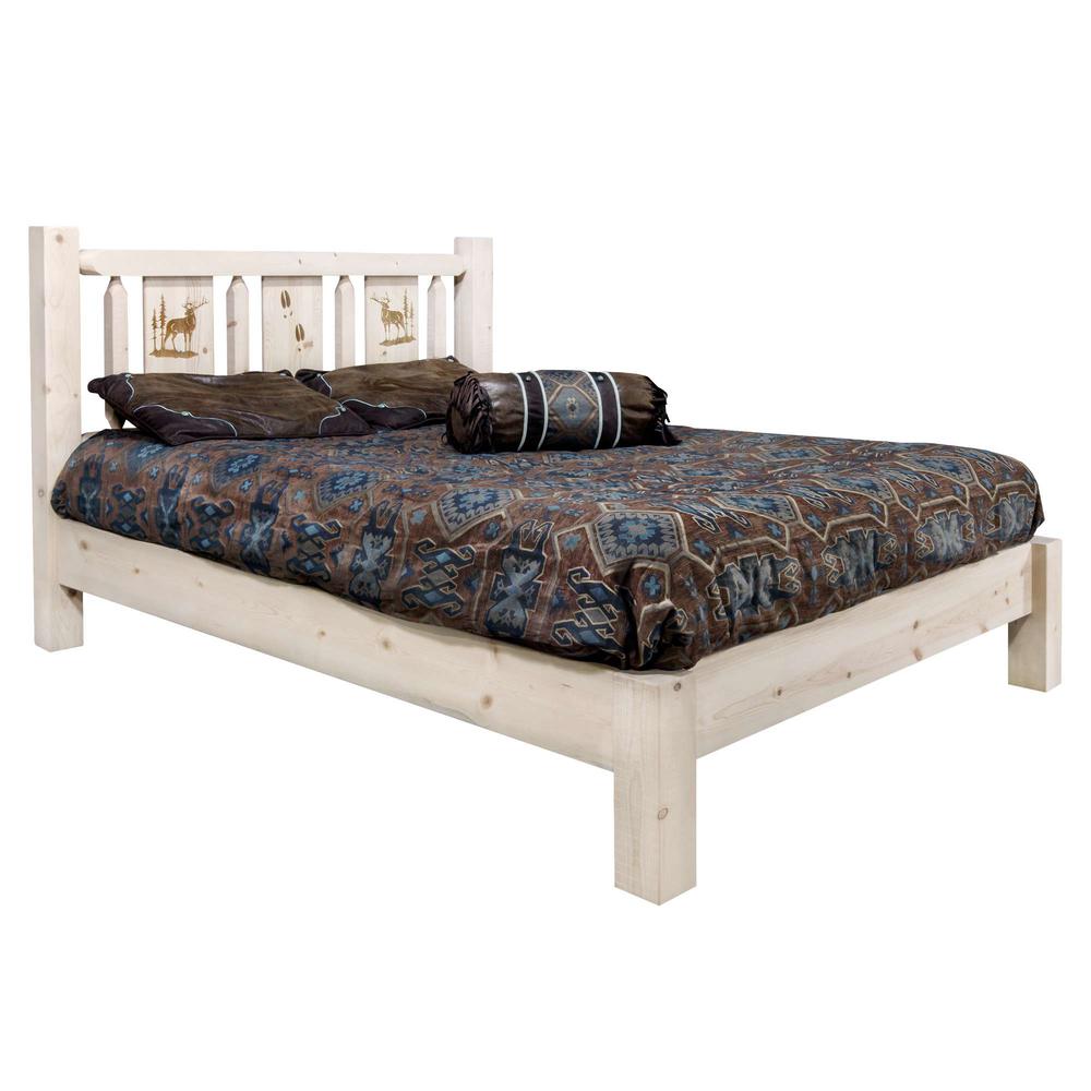 Homestead Collection Full Platform Bed w/ Laser Engraved Elk Design, Clear Lacquer Finish. Picture 1