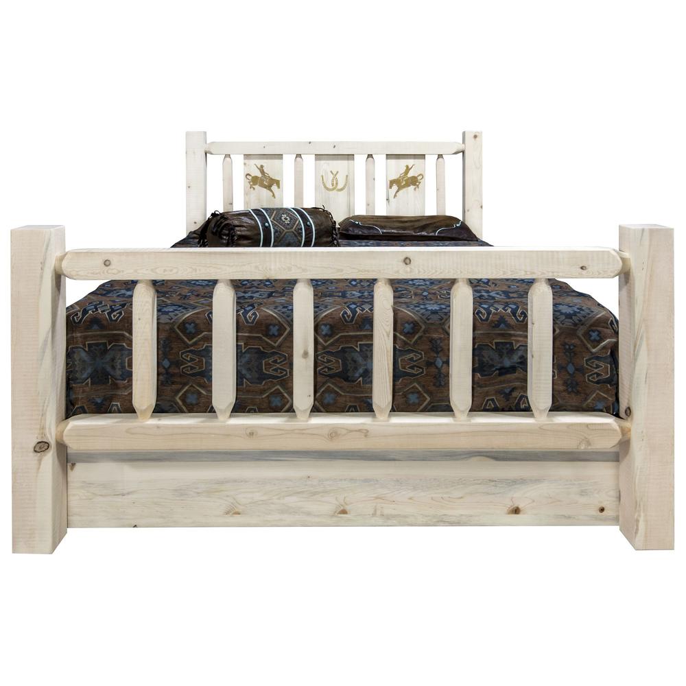 Homestead Collection California King Storage Bed w/ Laser Engraved Bronc Design, Clear Lacquer Finish. Picture 2