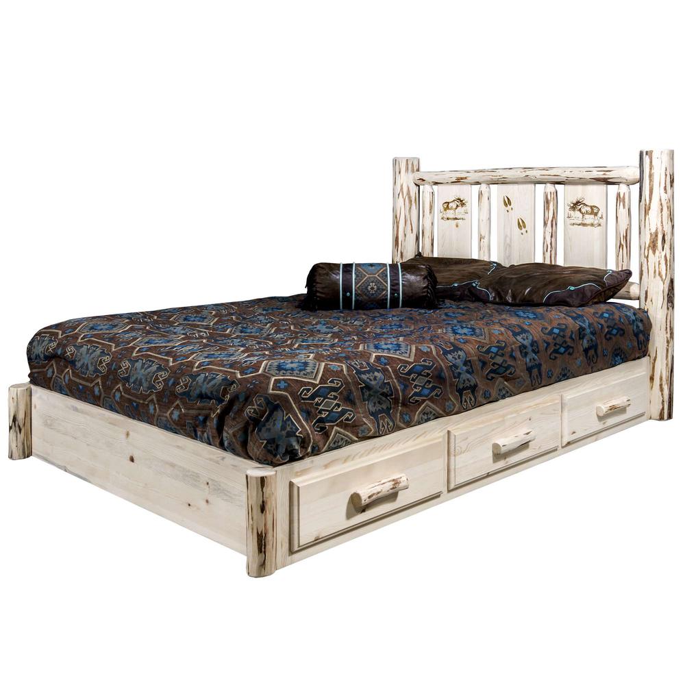 Montana Collection Platform Bed w/ Storage, California King w/ Laser Engraved Moose Design, Clear Lacquer Finish. Picture 3
