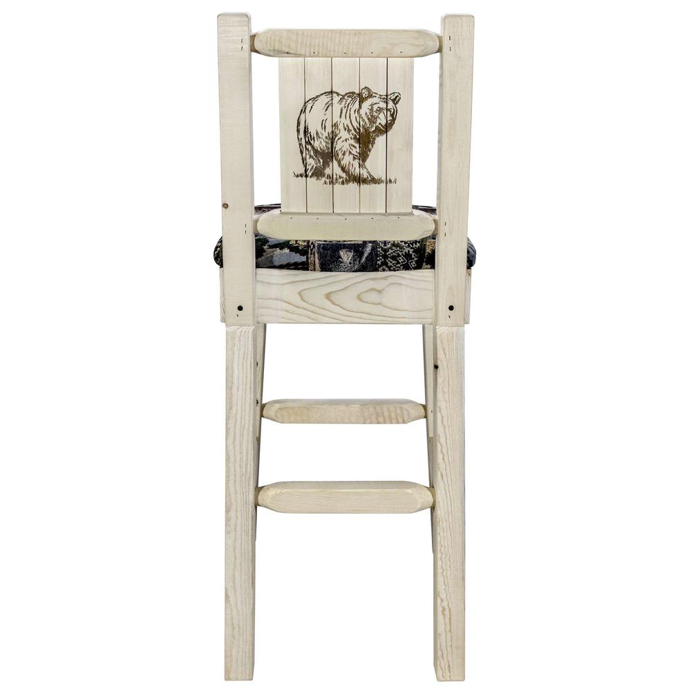 Homestead Collection Barstool w/ Back - Woodland Upholstery, w/ Laser Engraved Bear Design, Clear Lacquer Finish. Picture 2