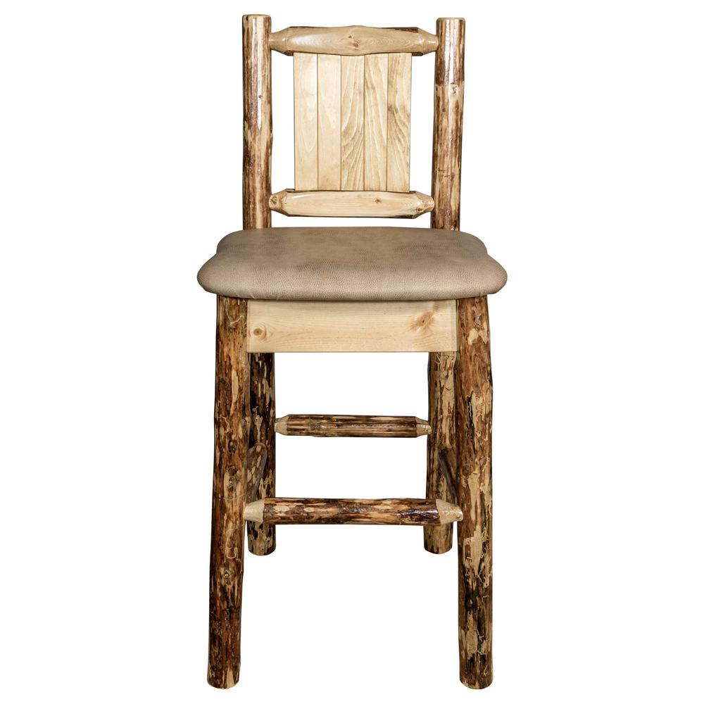 Glacier Country Collection Counter Height Barstool w/ Back - Buckskin Upholstery, w/ Laser Engraved Bear Design. Picture 4