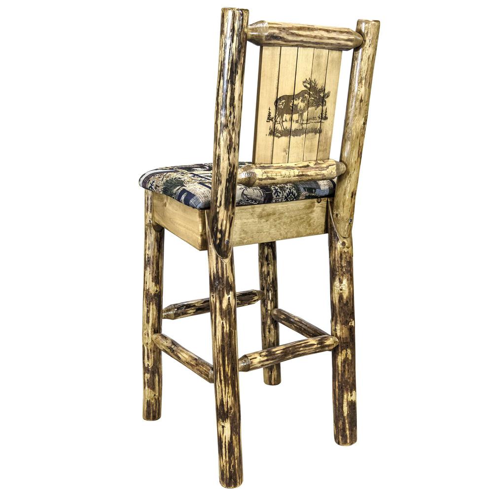 Glacier Country Collection Counter Height Barstool w/ Back - Woodland Upholstery, w/ Laser Engraved Moose Design. Picture 1