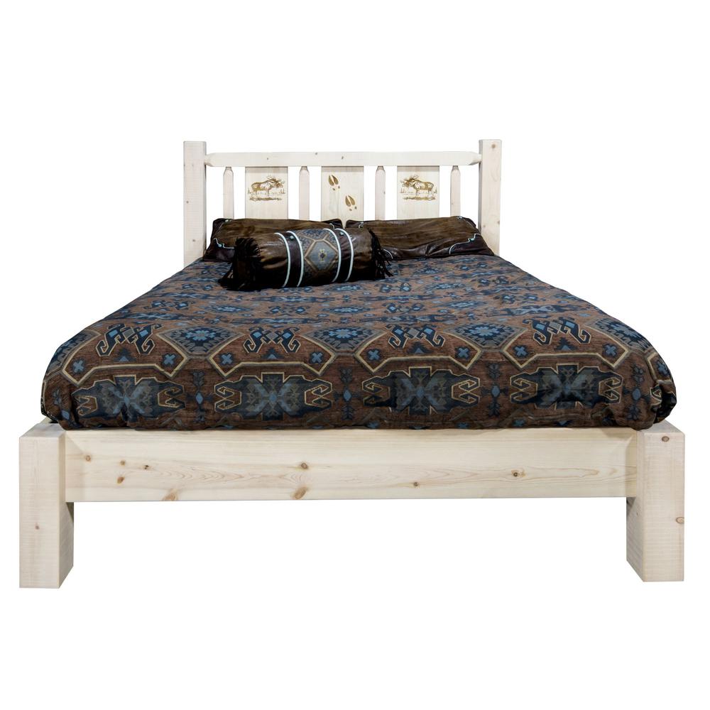 Homestead Collection King Platform Bed w/ Laser Engraved Moose Design, Clear Lacquer Finish. Picture 2