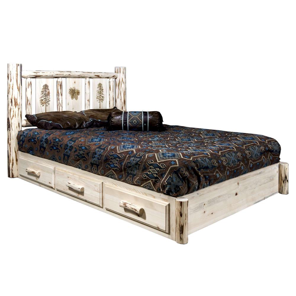 Montana Collection Platform Bed w/ Storage, Queen w/ Laser Engraved Pine Design, Clear Lacquer Finish. Picture 1