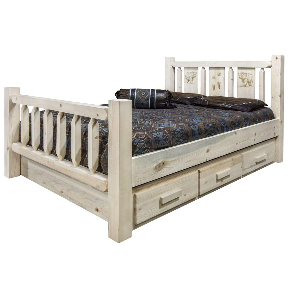 Homestead Collection California King Storage Bed w/ Laser Engraved Bear Design, Clear Lacquer Finish. Picture 3