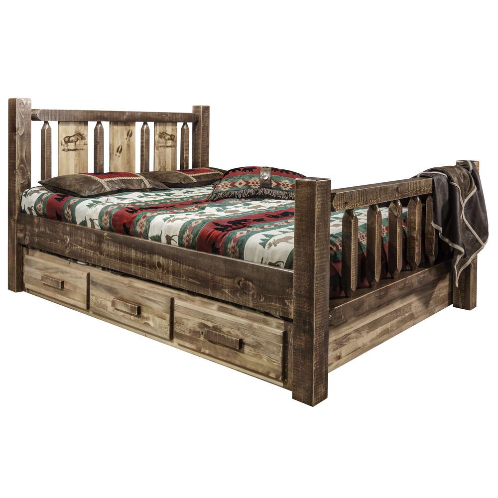Homestead Collection Full Storage Bed w/ Laser Engraved Moose Design, Stain & Clear Lacquer Finish. Picture 1