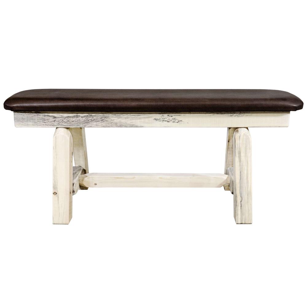 Homestead Collection Plank Style Bench, Clear Lacquer Finish, 45 Inch w/ Saddle Upholstery. Picture 2