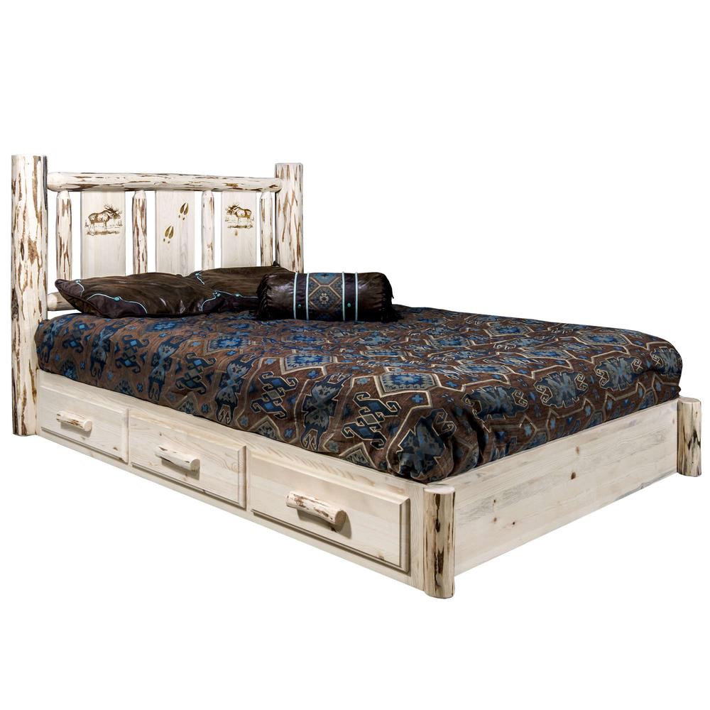 Montana Collection Platform Bed w/ Storage, Twin w/ Laser Engraved Moose Design, Clear Lacquer Finish. Picture 1