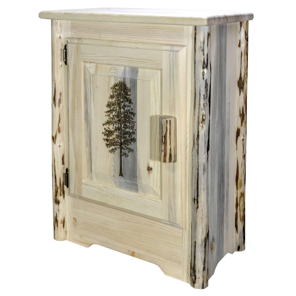 Montana Collection Accent Cabinet w/ Laser Engraved Pine Design, Left Hinged, Clear Lacquer Finish. Picture 3