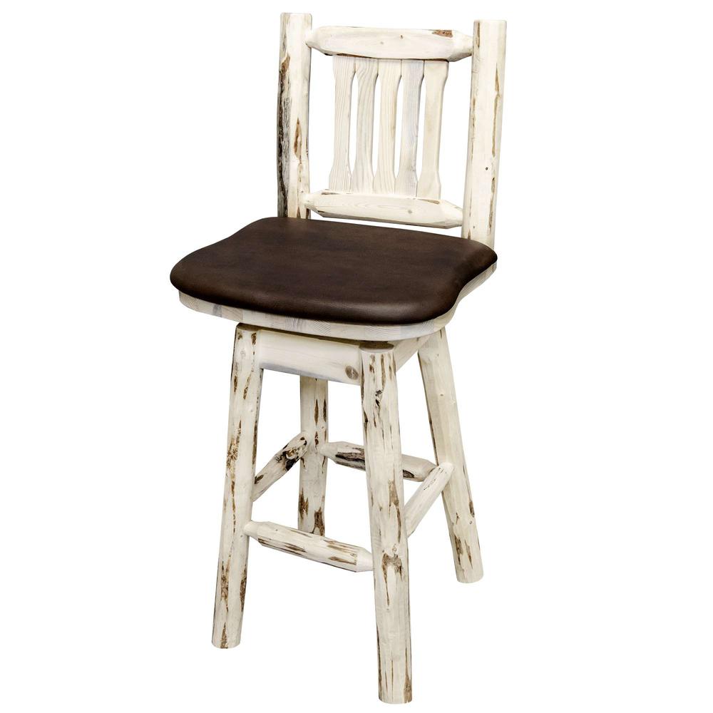 Montana Collection Barstool w/ Back & Swivel, Clear Lacquer Finish w/ Upholstered Seat, Saddle Pattern. Picture 2