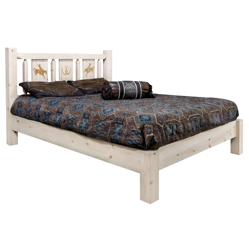 Homestead Collection Full Platform Bed w/ Laser Engraved Bronc Design, Clear Lacquer Finish. Picture 1