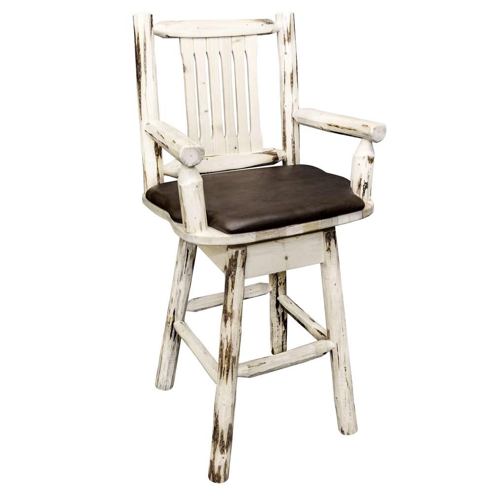 Montana Collection Captain's Barstool w/ Back & Swivel, Clear Lacquer Finish w/ Upholstered Seat, Saddle Pattern. Picture 1