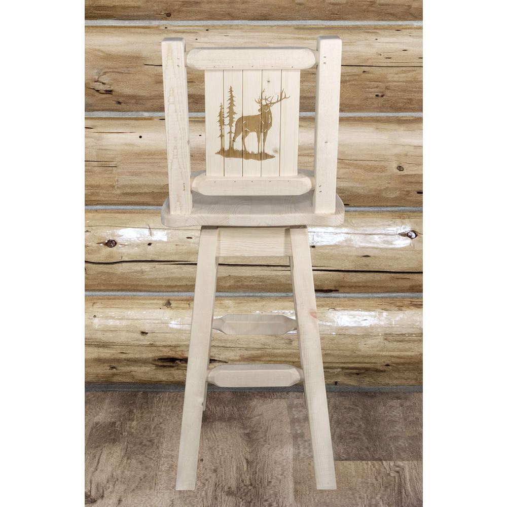 Homestead Collection Counter Height Barstool w/ Back & Swivel w/ Laser Engraved Elk Design, Clear Lacquer Finish. Picture 7
